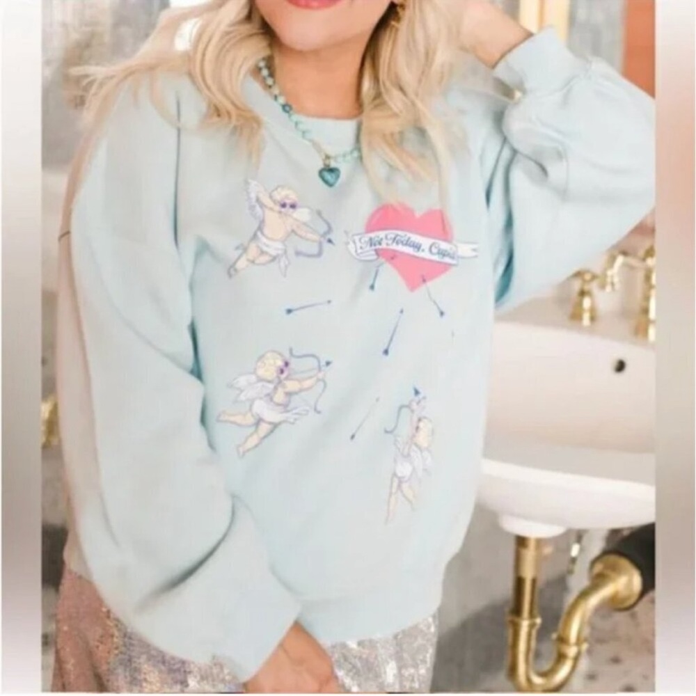 Living Fully Co. by Mallory Ervin Light Blue "Not Today Cupid" Sweatshirt, Med - Picture 3 of 7